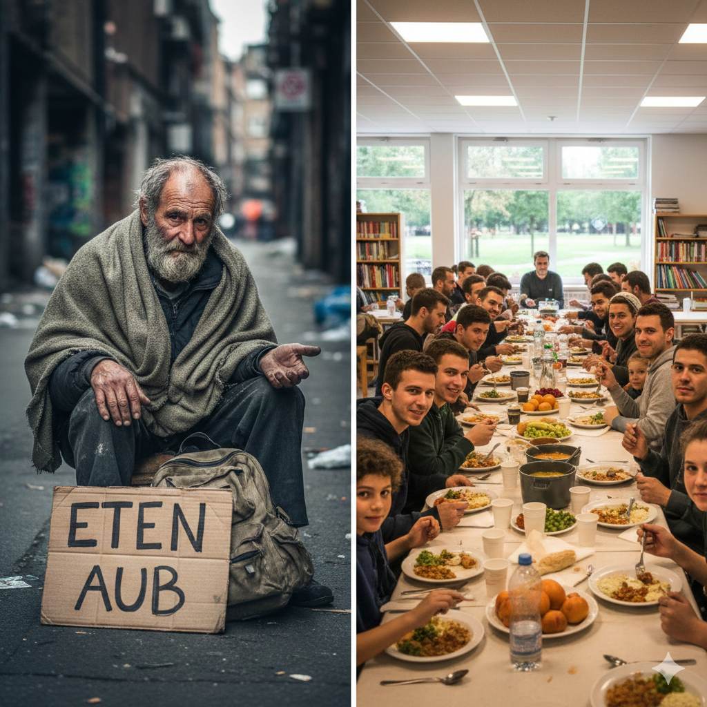 contast tussen dakloze man en asiel zoekers